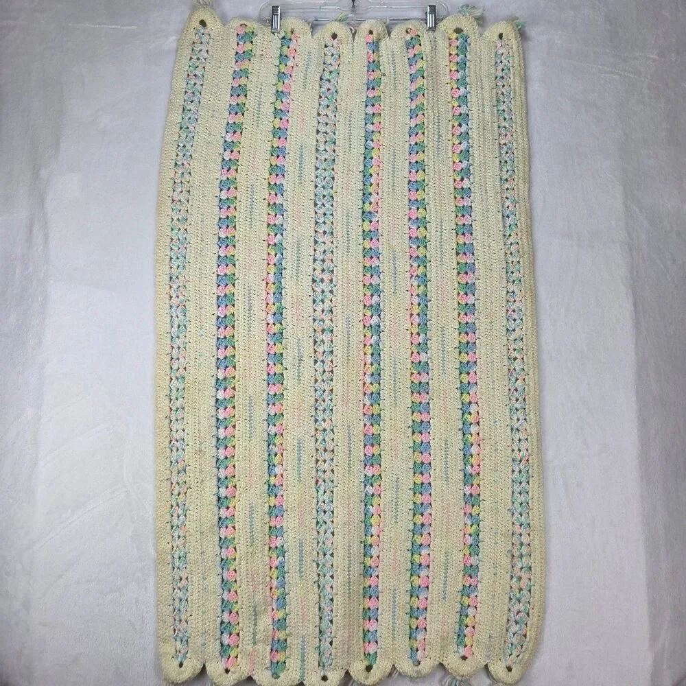 Vintage Handmade Crochet Afghan Blanket 45x25 Pastel Striped‎ Granny Pattern